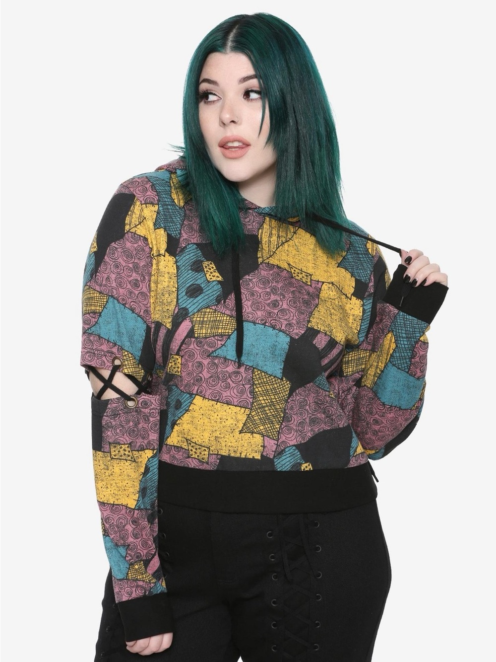 🎃 Simply Meant to Be! Hot Topic NBC Sally Patchwork Crop Hoodie 🧵